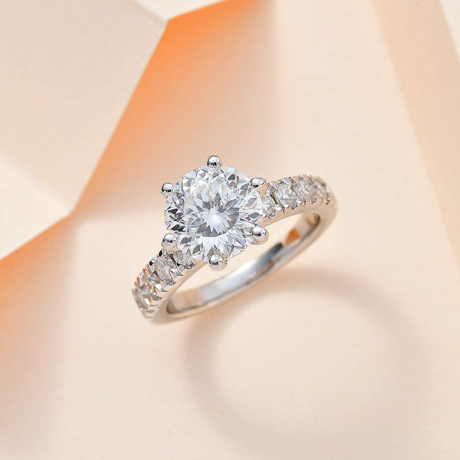 D'Joy Moissanite (120 Facets) Ring in Platinum Overlay Sterling Silver 2.96 Ct.